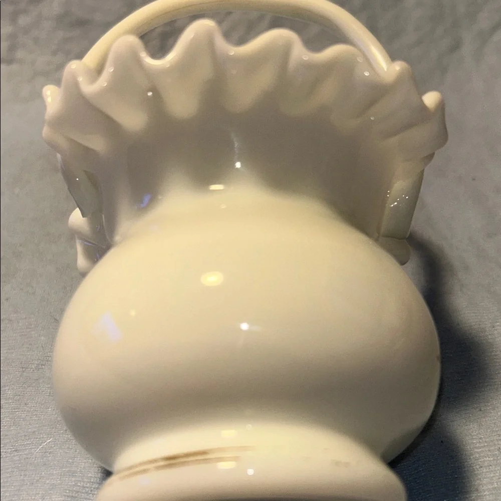 Fenton Hand Painted Rose Ruffle Basket White Glass Faded Gold Trim